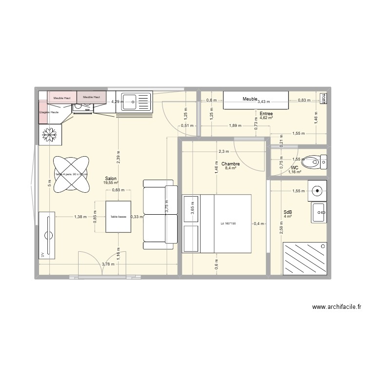 T2 St Raph Interieur. Plan de 5 pièces et 38 m2