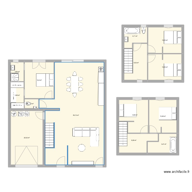 Maison 2 - 2 faces - 10,5x11,5. Plan de 14 pièces et 174 m2