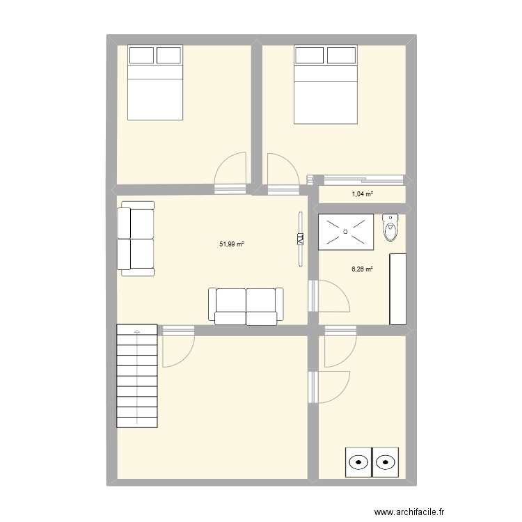 sous sol 2. Plan de 3 pièces et 66 m2