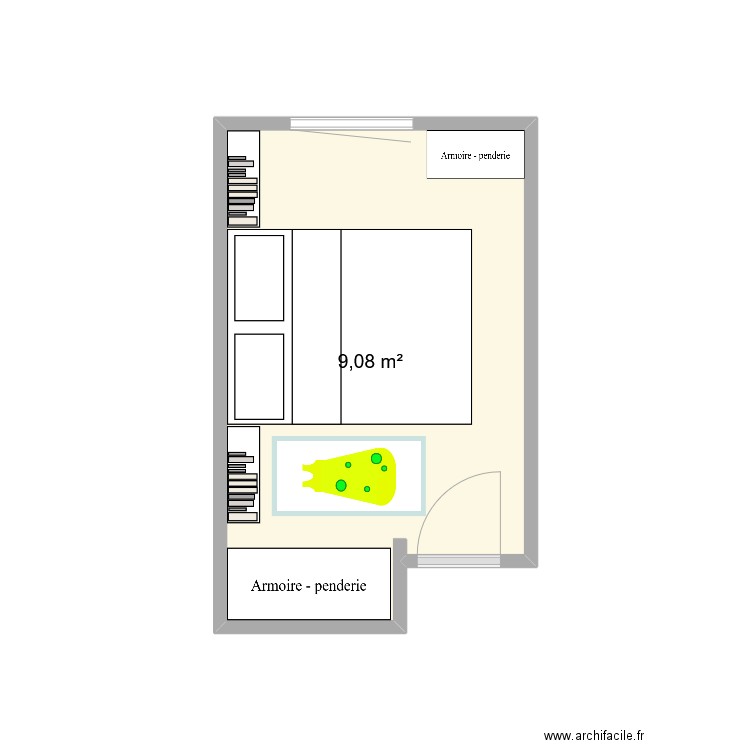 CHambre V. Plan de 1 pièce et 9 m2