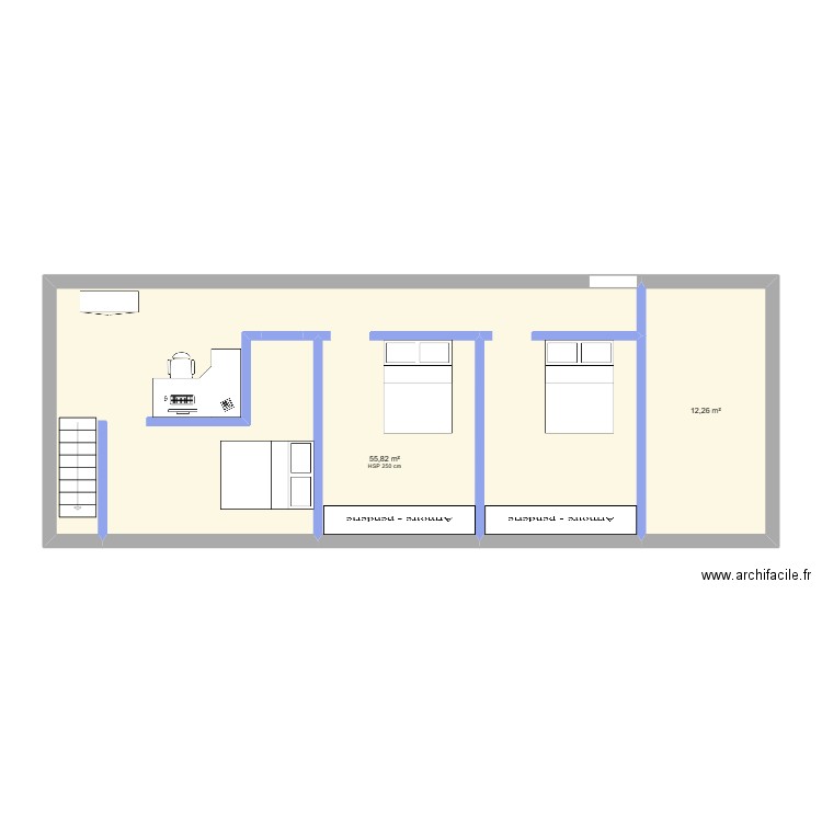 Etage. Plan de 2 pièces et 68 m2