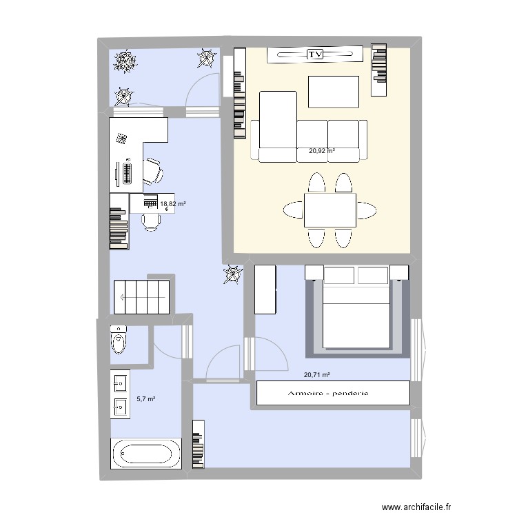 Maison etage. Plan de 4 pièces et 66 m2