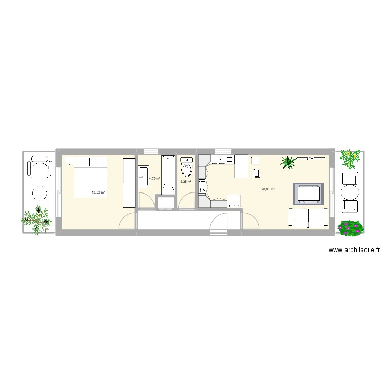 117 pvc aménagement. Plan de 4 pièces et 40 m2