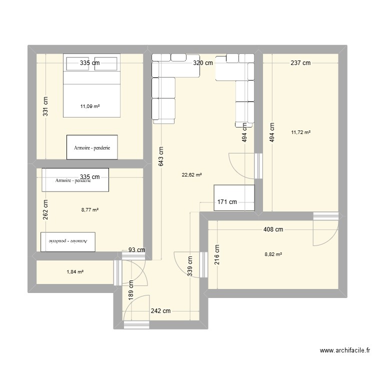 bois noir. Plan de 6 pièces et 65 m2