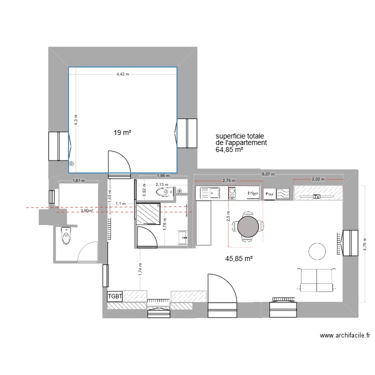 APD appartement. Plan de 1 pièce et 19 m2