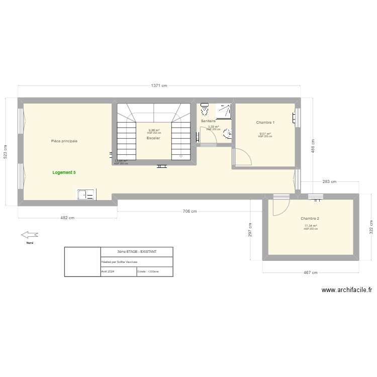 APT - R+3 - Projet. Plan de 5 pièces et 68 m2