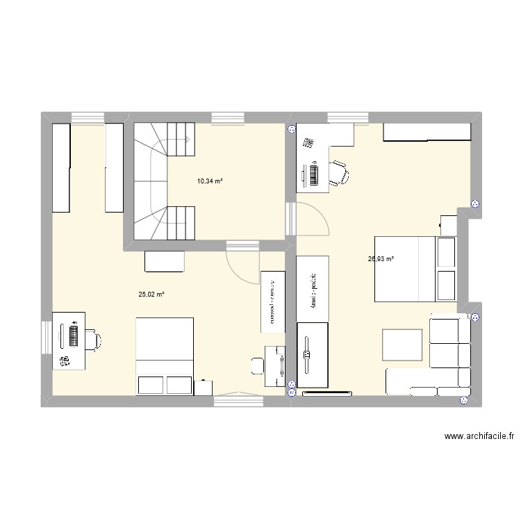 Chambre 2è. Plan de 3 pièces et 62 m2