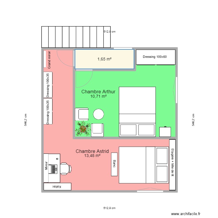 Chambre Neels. Plan de 3 pièces et 26 m2