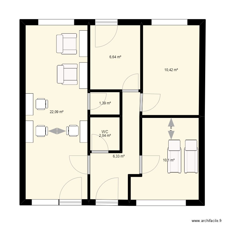 Salon PEGGY. Plan de 7 pièces et 59 m2