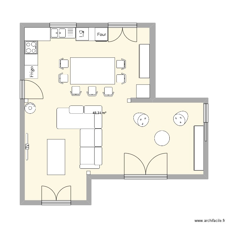 Salon-Cuisine. Plan de 1 pièce et 48 m2