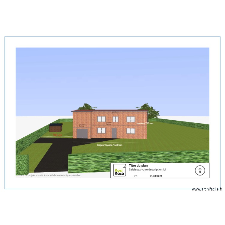 vue 3D sans garage avec mesures. Plan de 0 pièce et 0 m2