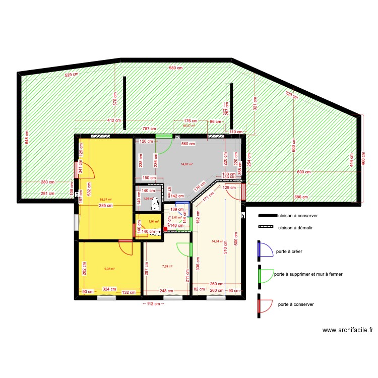 1er étage gîtes cloisons à démolir. Plan de 9 pièces et 154 m2