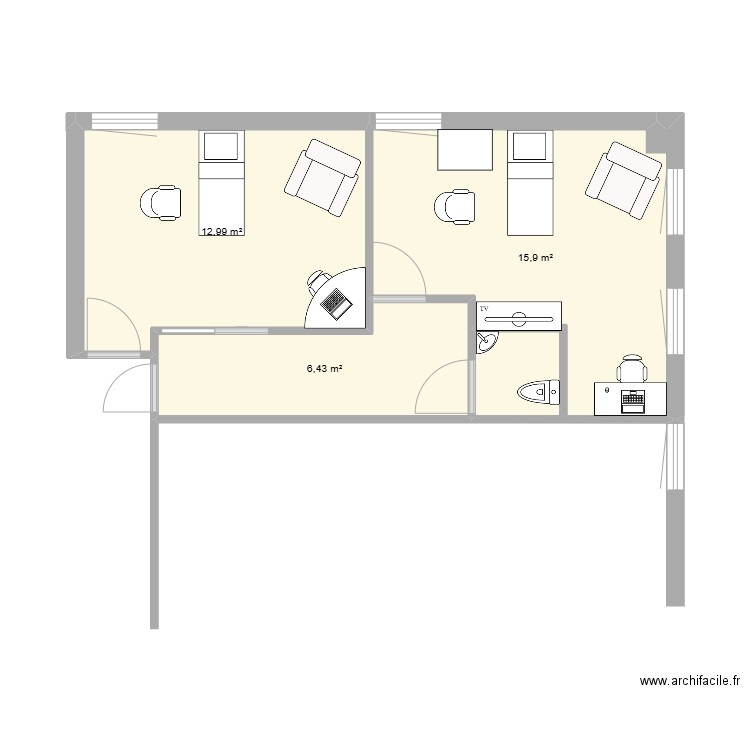 CMT LeMellay Modif V4 Deux acces WC. Plan de 3 pièces et 35 m2