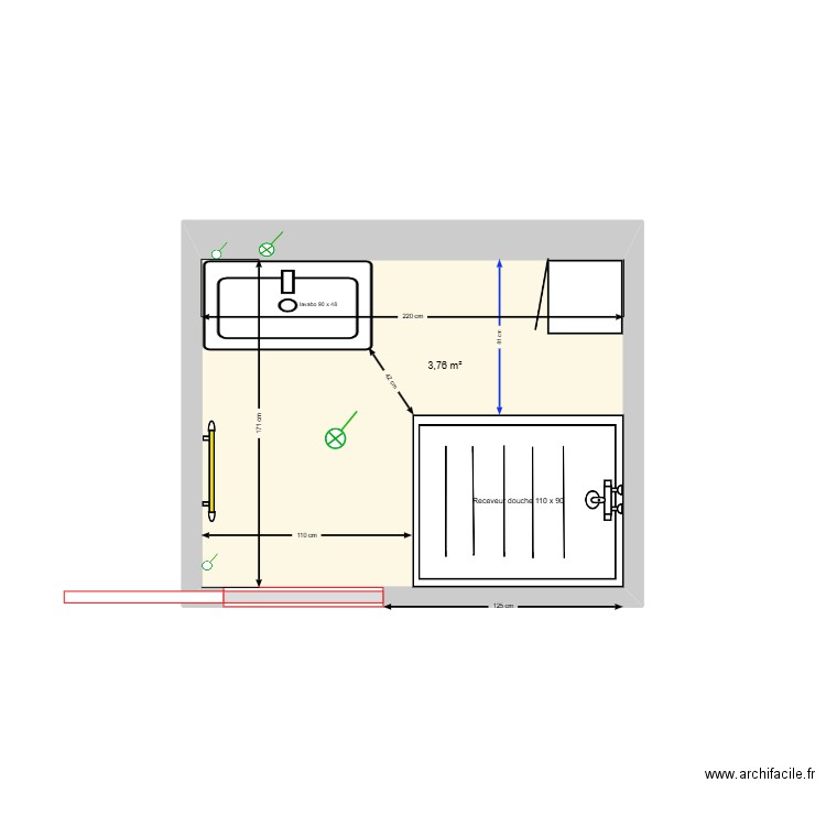 SDB Rossan_V 110x90 à droite. Plan de 1 pièce et 4 m2