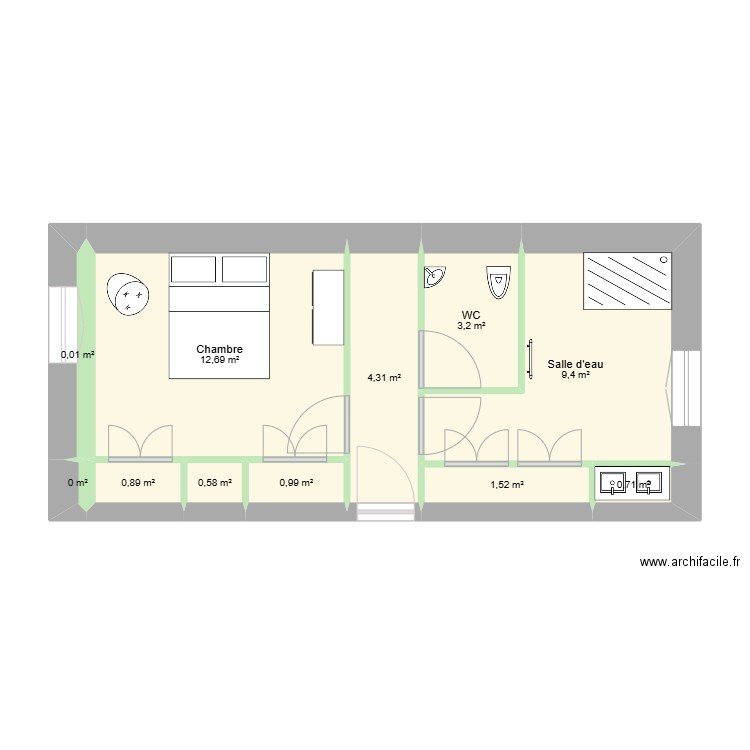 Zone nuit. Plan de 11 pièces et 34 m2