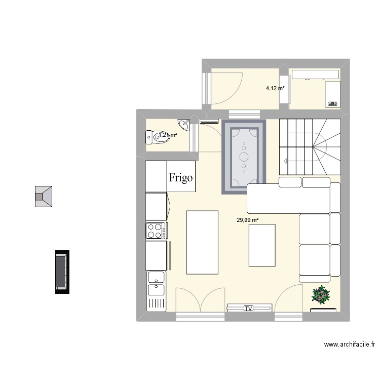 cuisine - salon259. Plan de 3 pièces et 34 m2