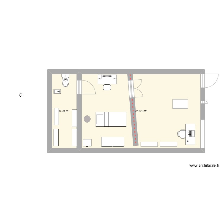 Appart T2 30m. Plan de 2 pièces et 29 m2