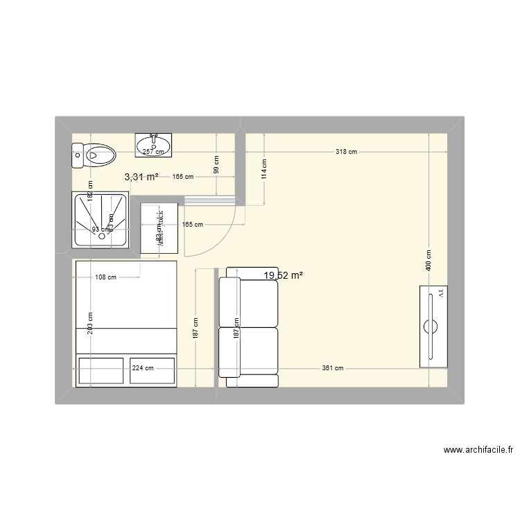 Studio 1. Plan de 2 pièces et 23 m2