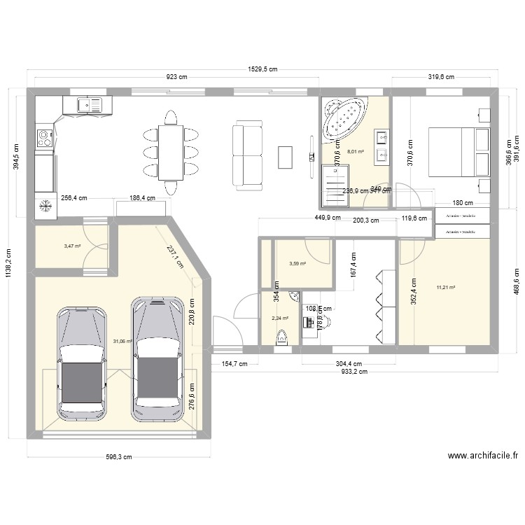 plain pied . Plan de 6 pièces et 60 m2