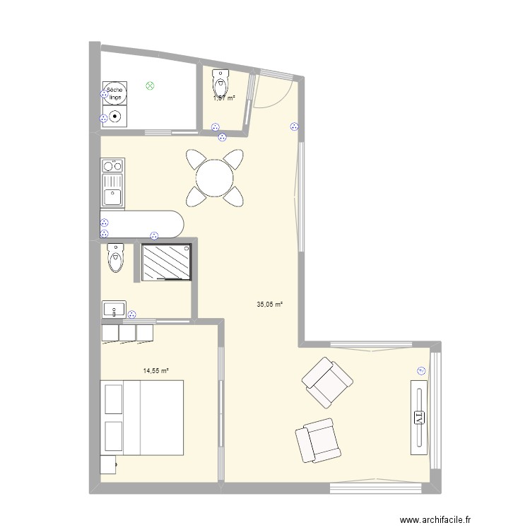 atelier. Plan de 3 pièces et 51 m2