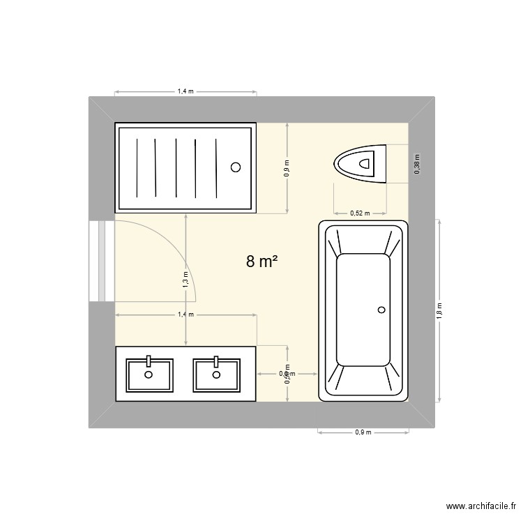 sdb. Plan de 1 pièce et 8 m2