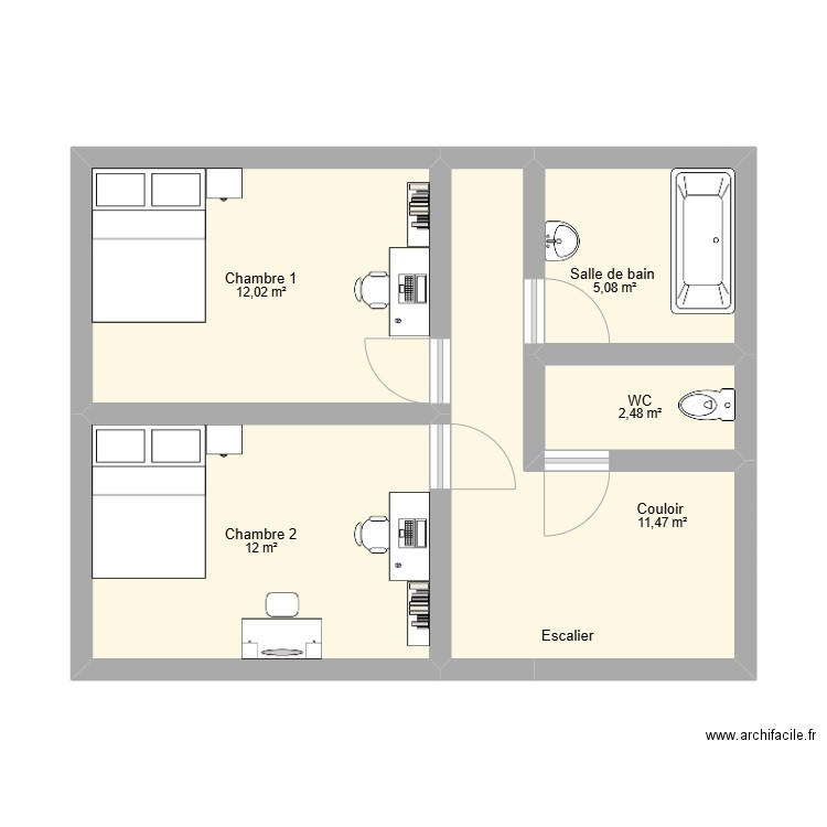 maison 1er . Plan de 5 pièces et 43 m2