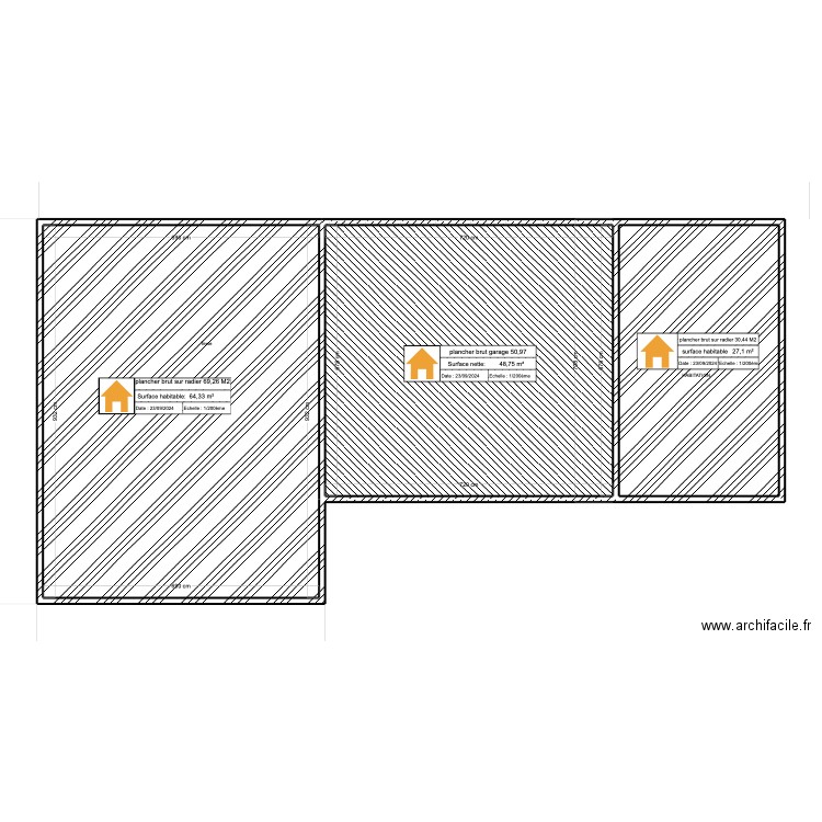 plancher sur radier. Plan de 3 pièces et 140 m2