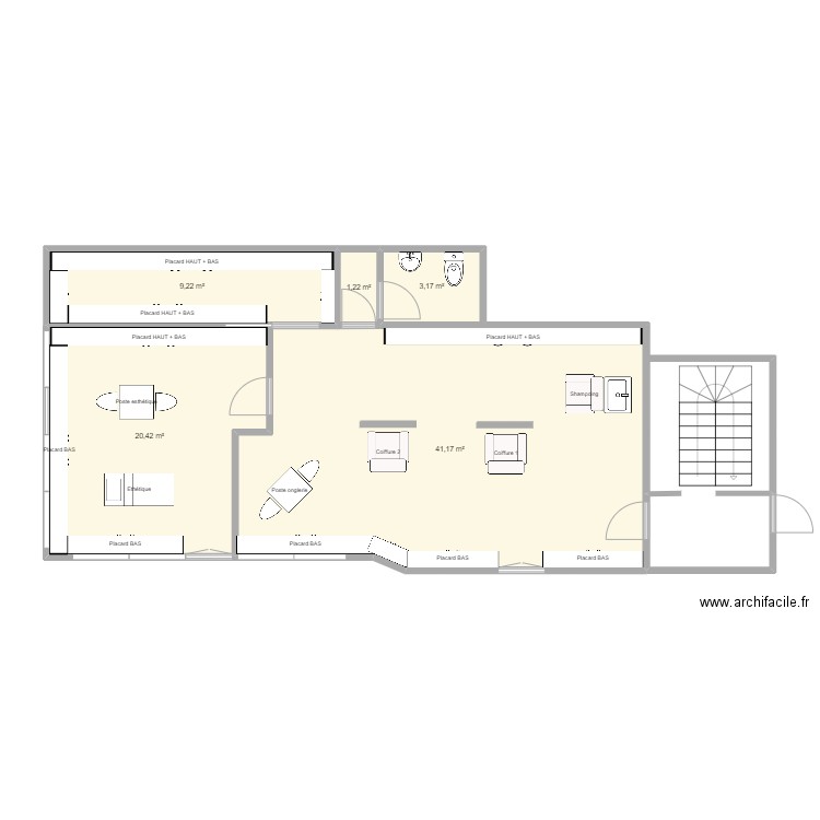 LEDUC Coiffure. Plan de 5 pièces et 75 m2