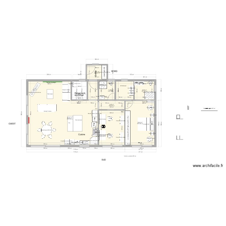 Maison 1 niveau 15.4 x 8.0 m 2 chambres est + SAS. Plan de 6 pièces et 111 m2