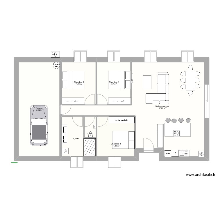 plan maison 100m2 amenagement. Plan de 7 pièces et 134 m2