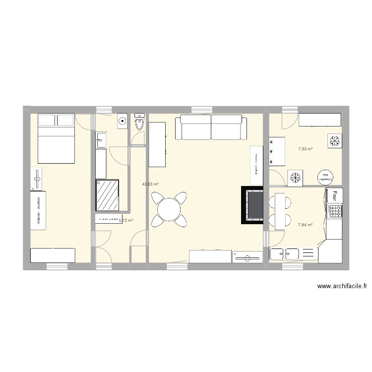 bas. Plan de 4 pièces et 63 m2