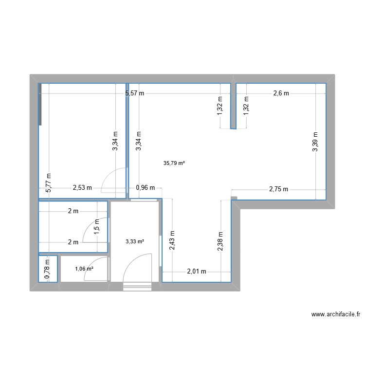 Tennis. Plan de 3 pièces et 40 m2