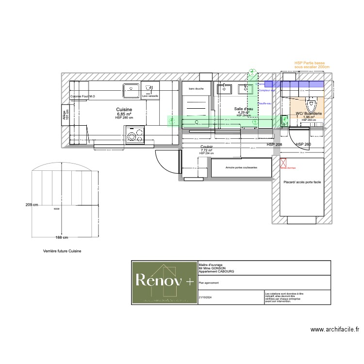 GONSON Plan agencement. Plan de 4 pièces et 21 m2