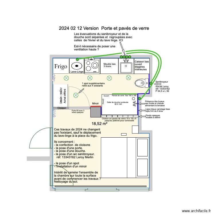 2024 02 12 avec porte et bloc de verre. Plan de 1 pièce et 19 m2