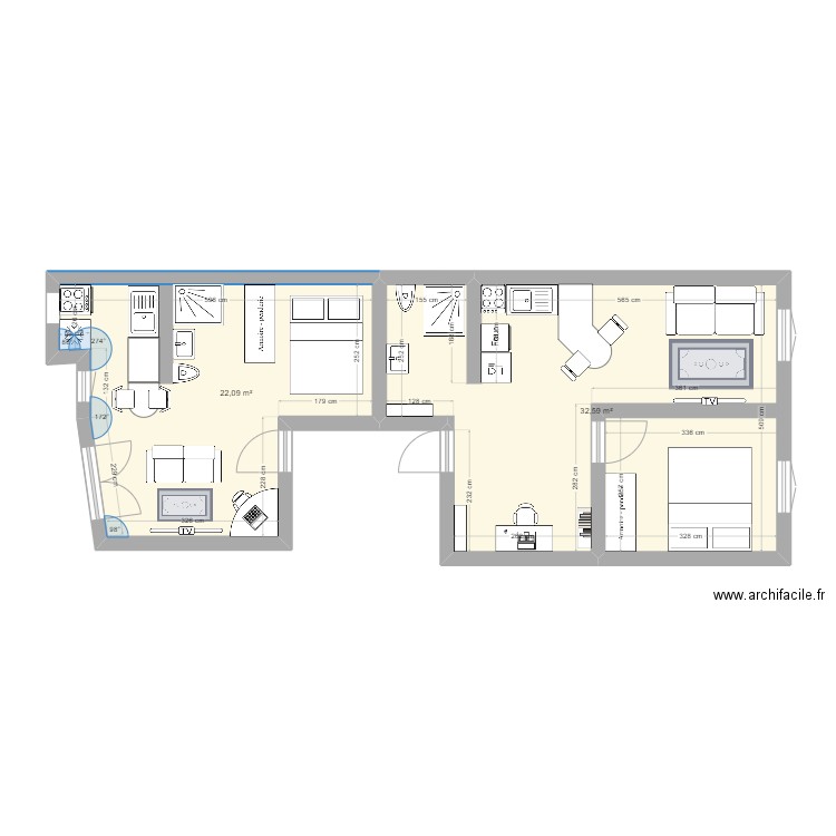 Plan T3 à diviser - Studio+ T2_v4. Plan de 2 pièces et 55 m2