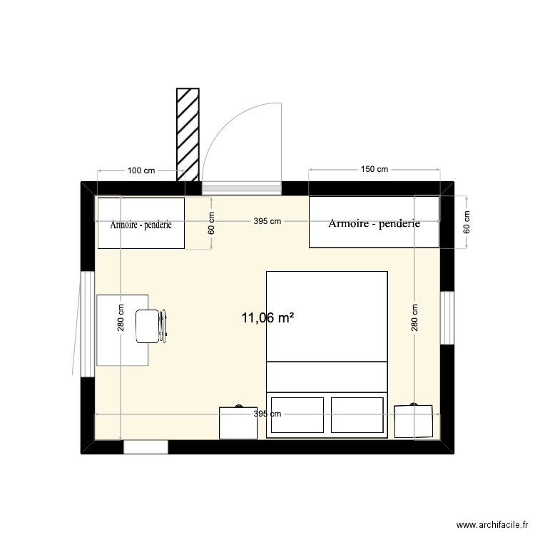 extension ss porte lit chemin. Plan de 1 pièce et 11 m2