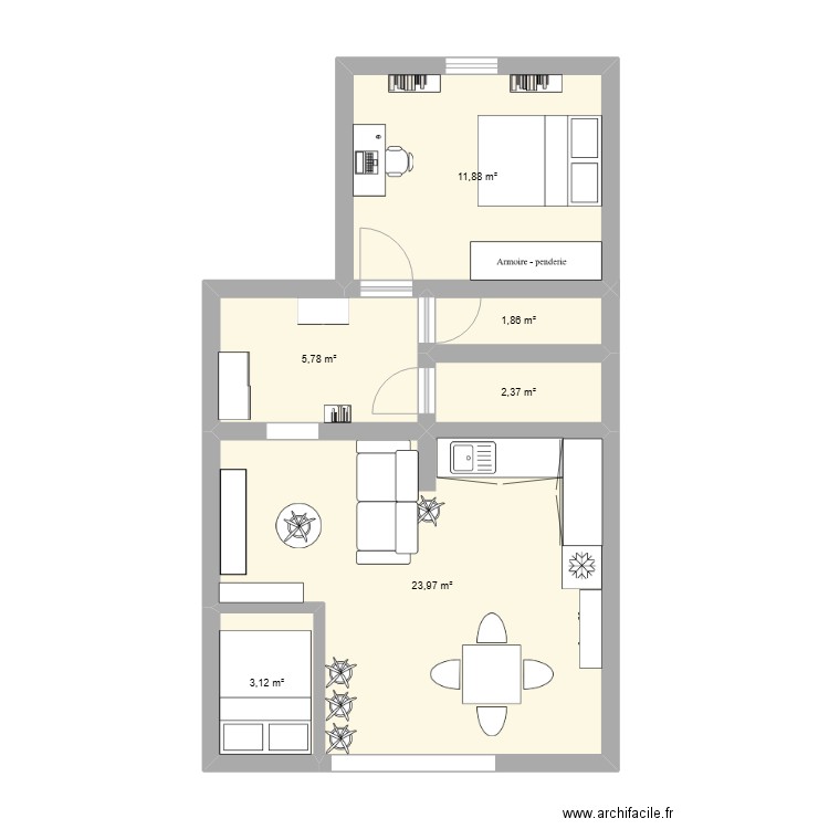 appart betton V2 chambres. Plan de 6 pièces et 49 m2