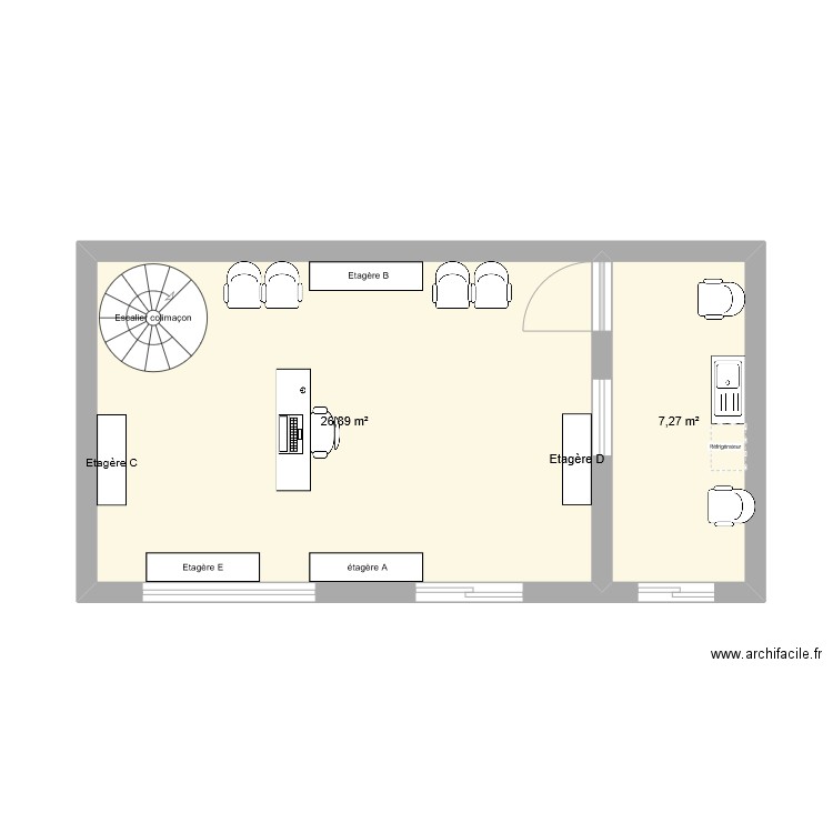 magasin patissierei. Plan de 2 pièces et 34 m2