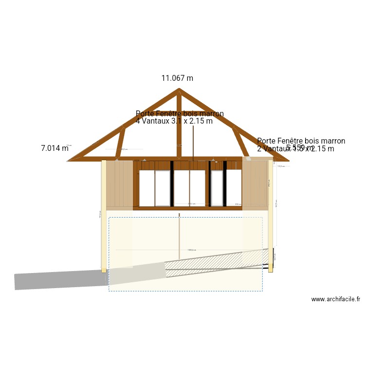 facade sud projetée grande  fenetre. Plan de 9 pièces et 23 m2