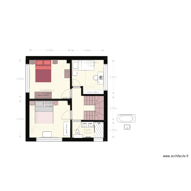 plan 1er étage etude sdb. Plan de 1 pièce et 45 m2