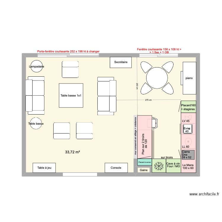 Cuisine four et frigo au fond. Plan de 2 pièces et 34 m2