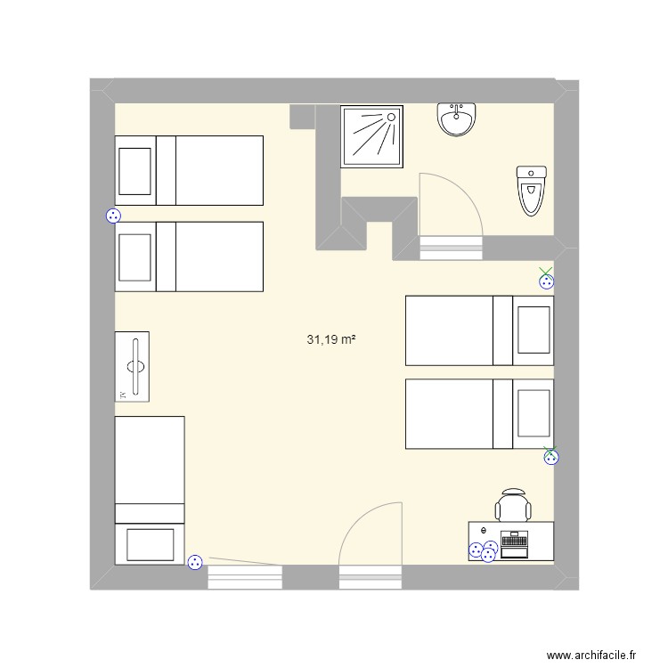 CHAMBRE 32. Plan de 1 pièce et 31 m2