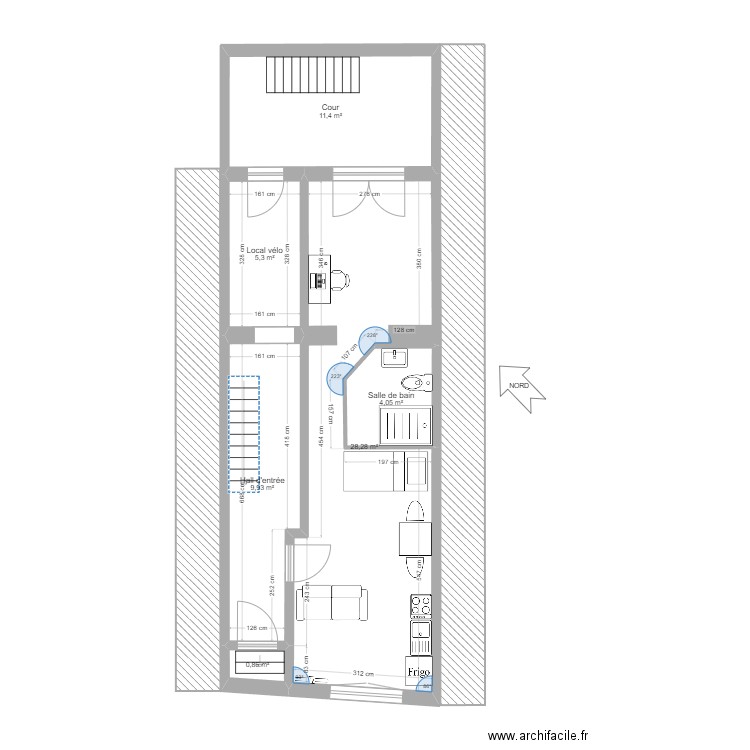 RDC Studio base sans ouverture. Plan de 6 pièces et 60 m2