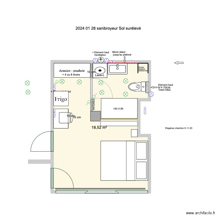 2024 01 28  Sanibroyeur et sol surélevé. Plan de 1 pièce et 19 m2