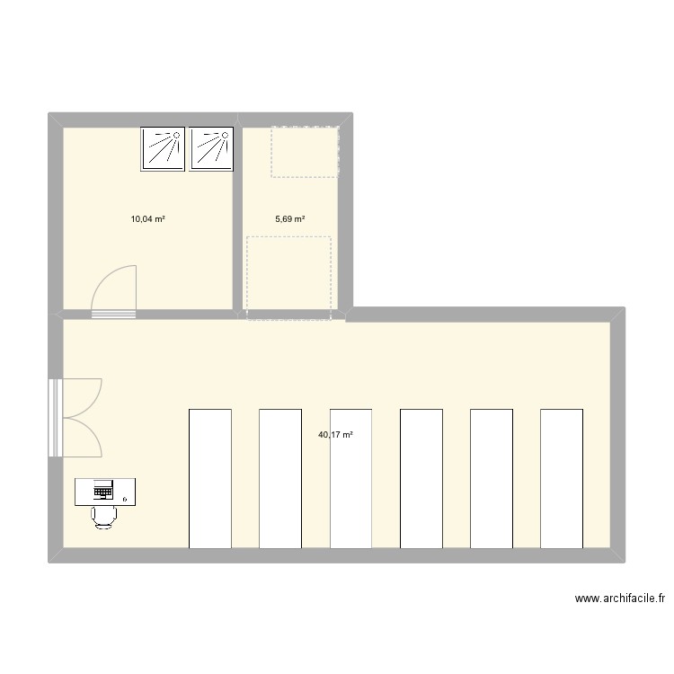 En L. Plan de 3 pièces et 56 m2