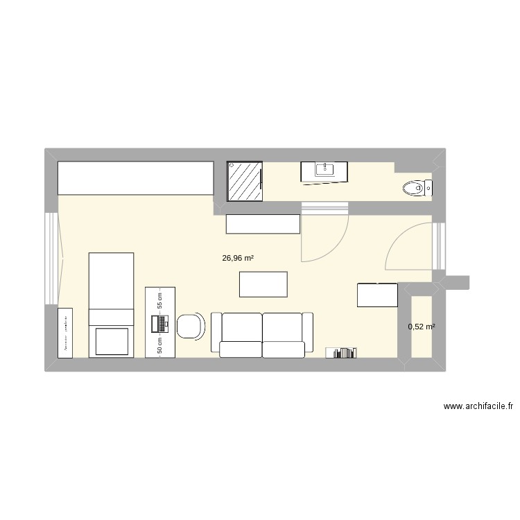 Studio. Plan de 2 pièces et 27 m2