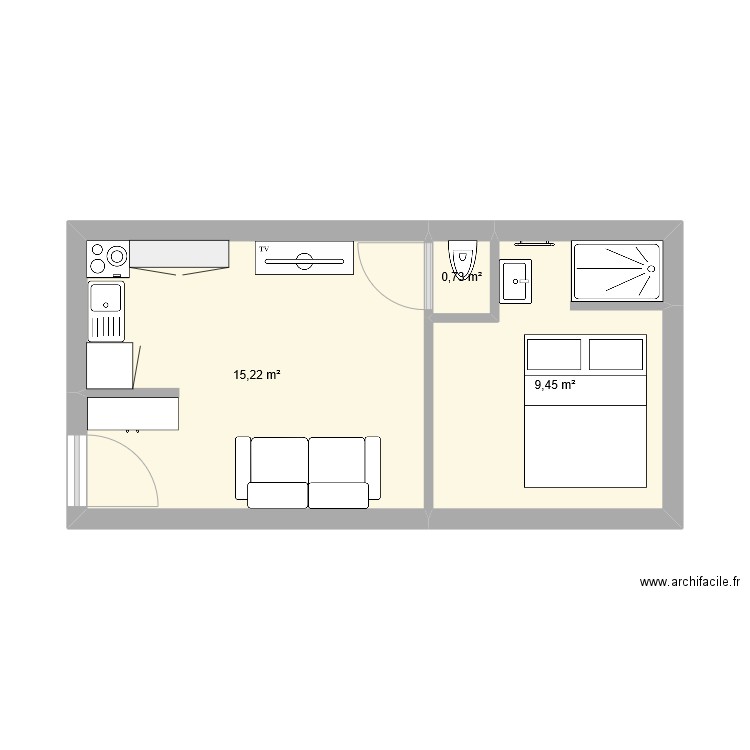 studio. Plan de 3 pièces et 25 m2