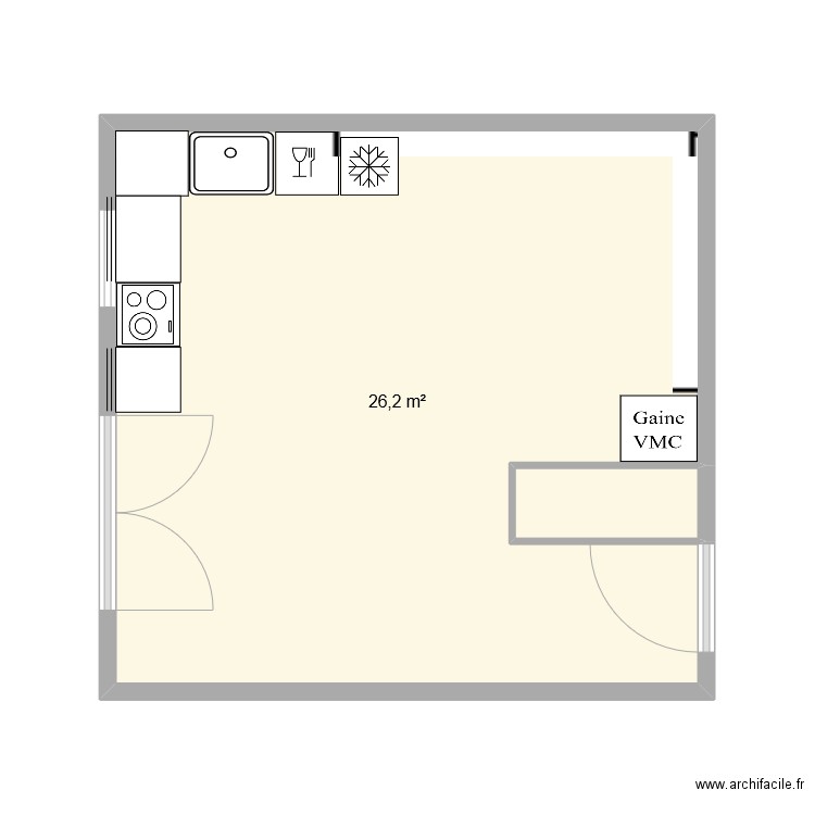 Cuisine avec meuble evier 800mm. Plan de 2 pièces et 27 m2