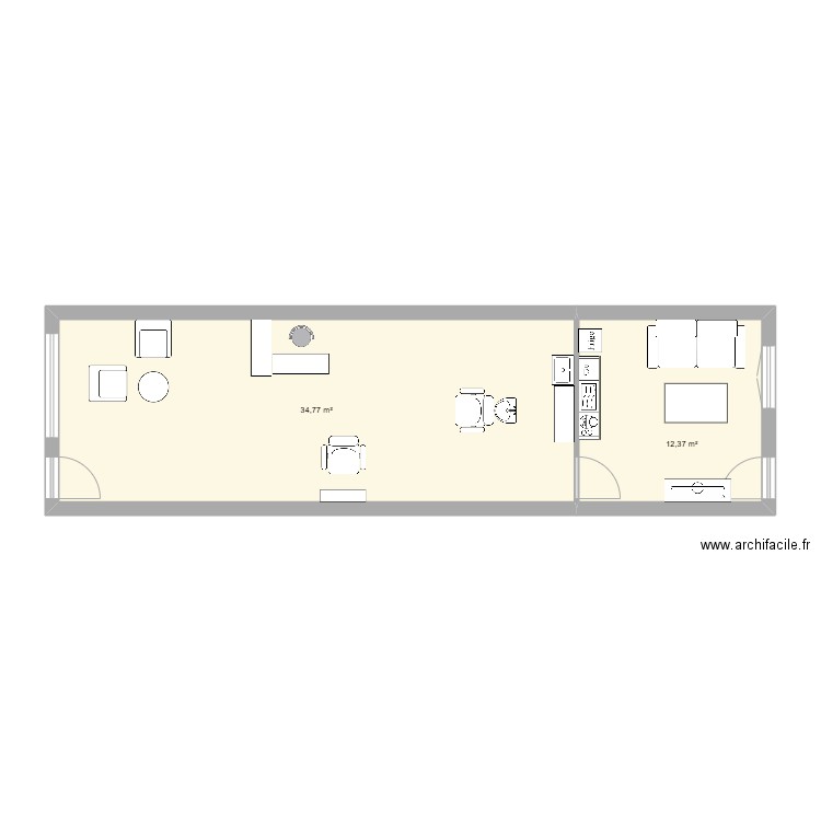 salon. Plan de 2 pièces et 47 m2