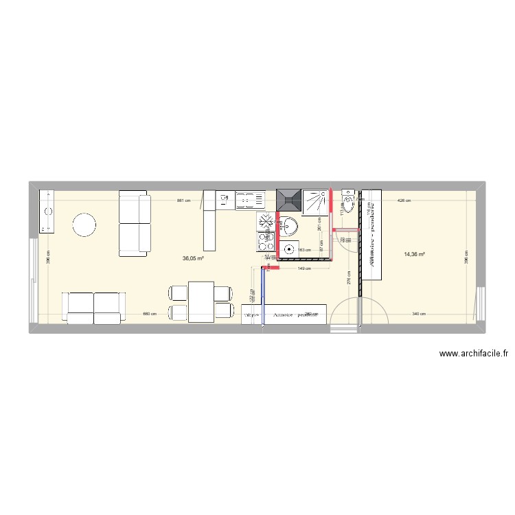 nc74 amenagement. Plan de 2 pièces et 50 m2